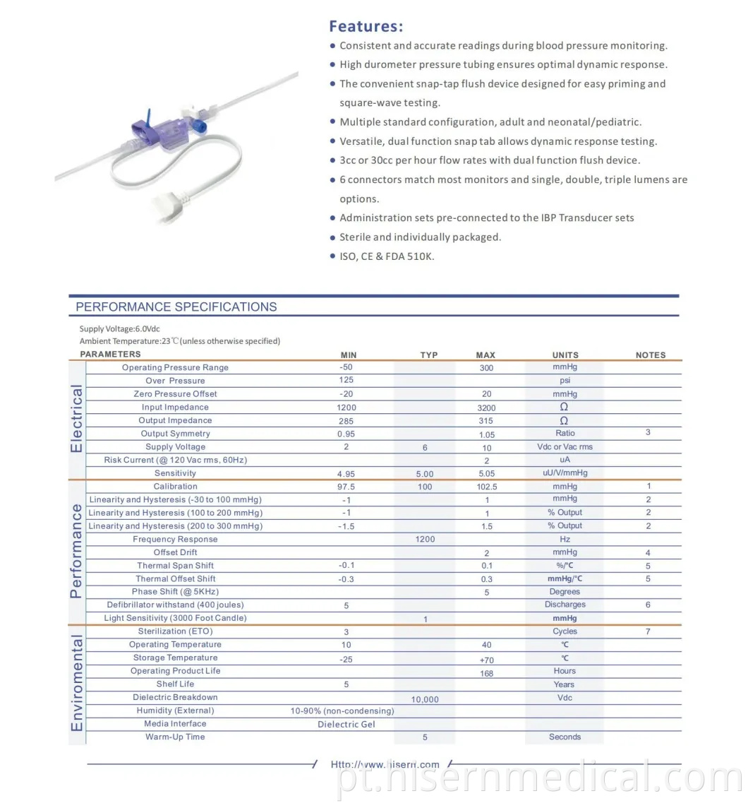 Produto de instrumentos médicos China Factory Supply Dbpt-0130 Hisern Medical Transdutor de pressão arterial descartável